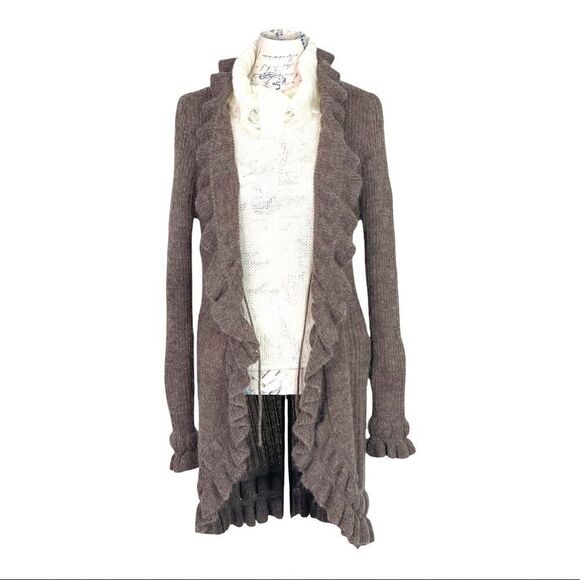 brown Wool Blend Alpaca Cardigan with Ruffle accents - Picture 5 of 6